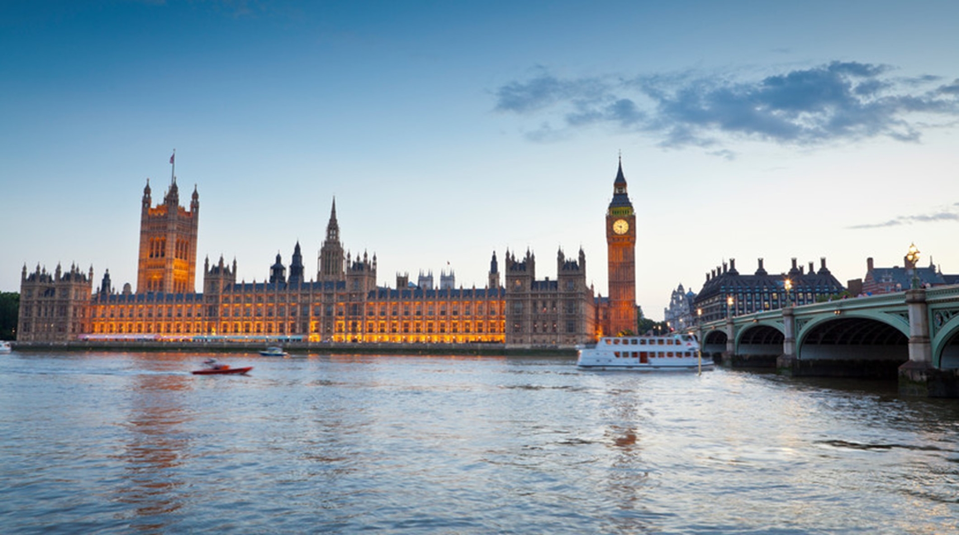 Houses of Parliament and Big Ben overlooking the River Thames.